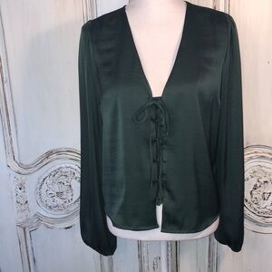 Forever 21 Deep Forest Green Silky Long Sleeve Lace Up Blouse Size Medium